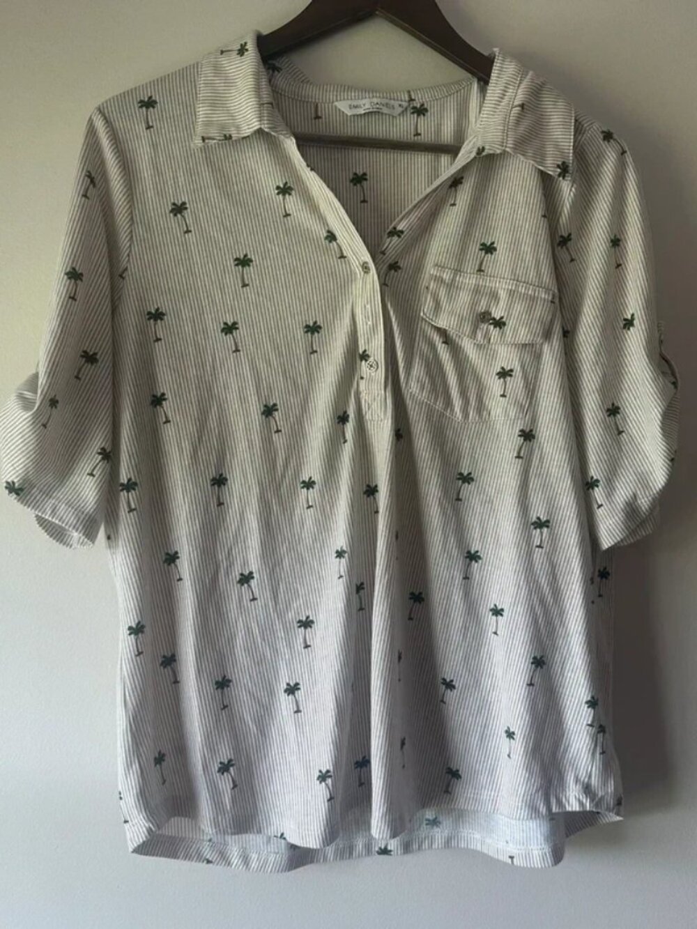 Emily Daniels Womens XL Palm Tree Print Striped Button-Up Blouse Roll Tab Sleeve